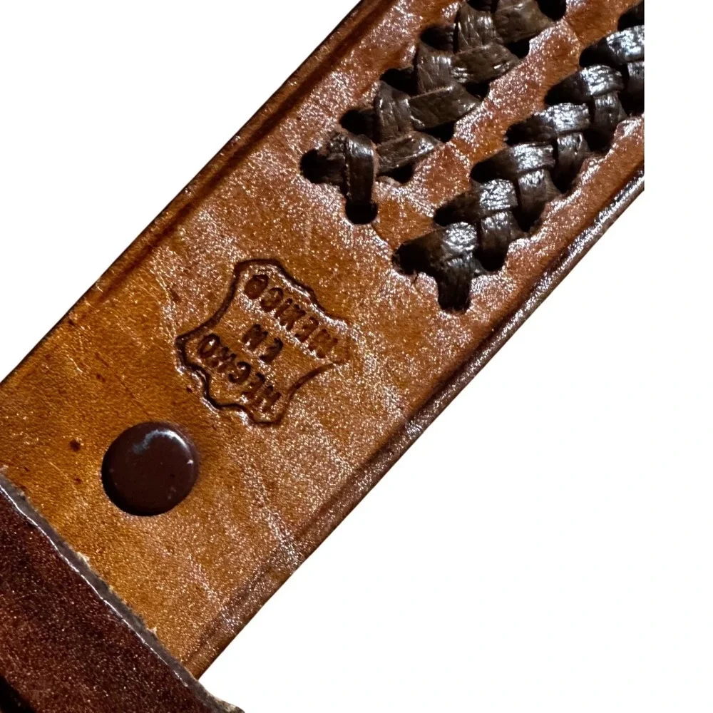 Hand Tooled Vintage Belt Mens 38 Tan Woven Inlay Made in Mexico Thick Leather